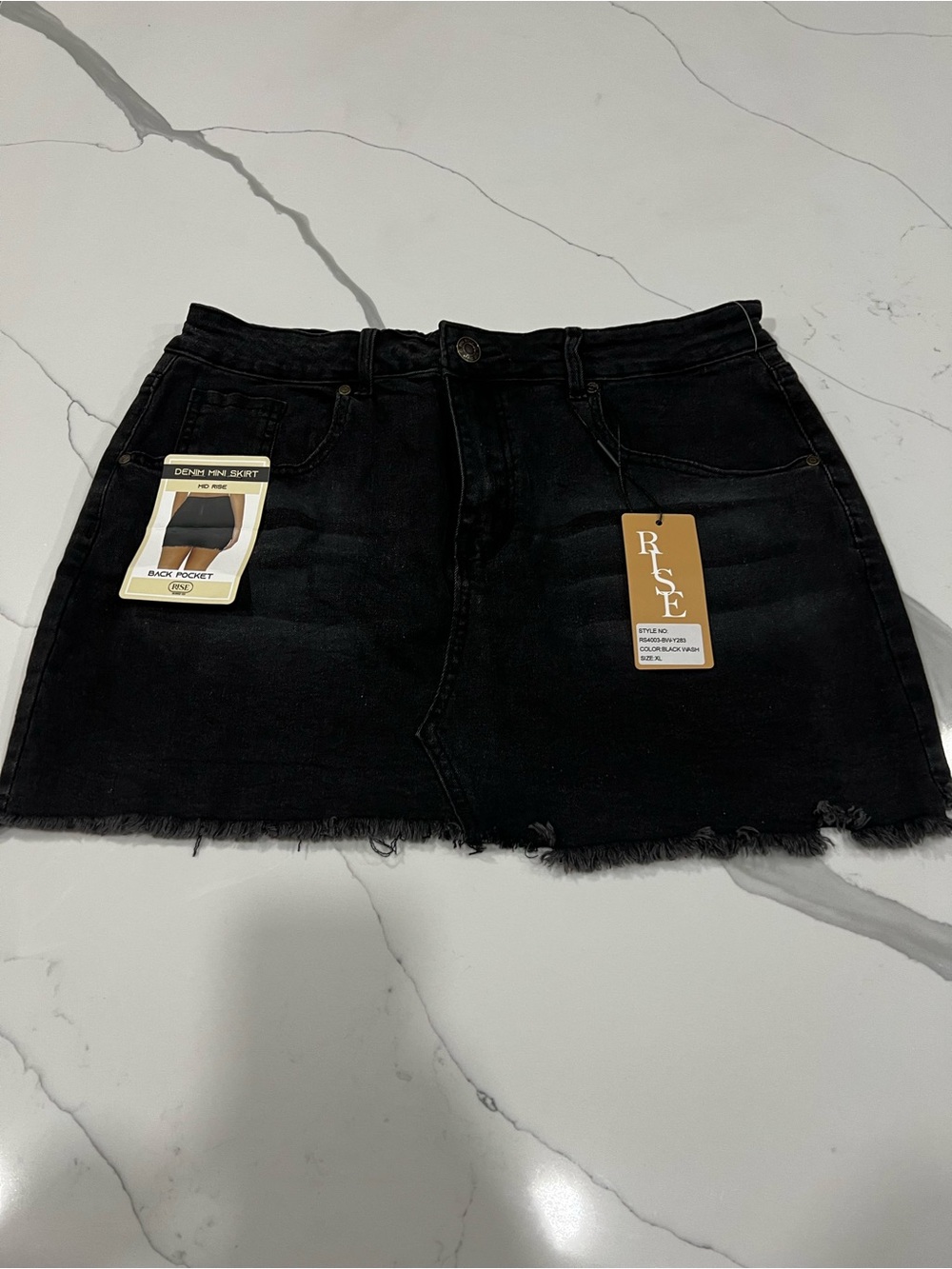 Rise Black Denim Midi Skirt with Frayed Hem